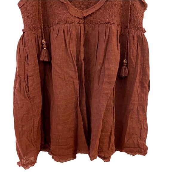 Free People Womens Sundress Brown Short Smocked V Neck Tassels Cotton Large - Picture 5 of 8
